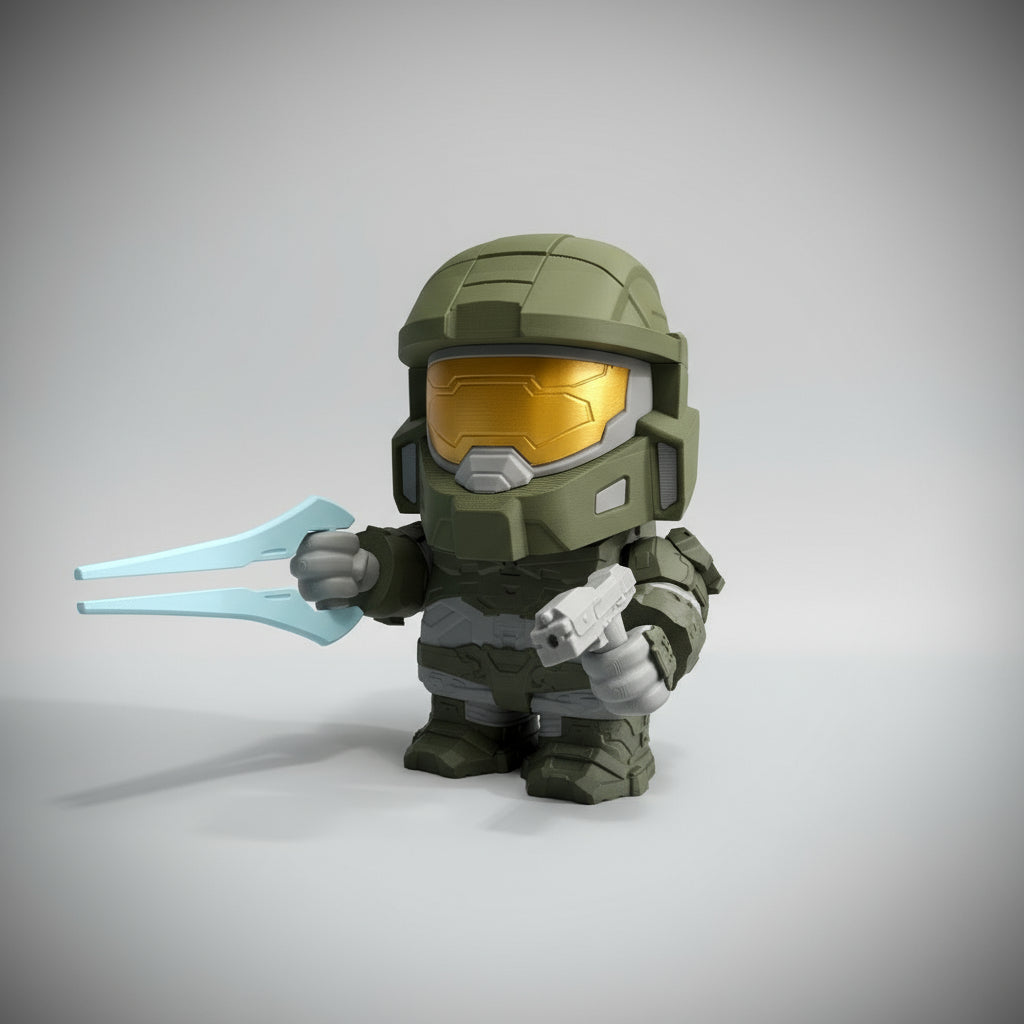 Toy figure of a character from a science fiction series with a helmet and weapon, leaning against a wall.