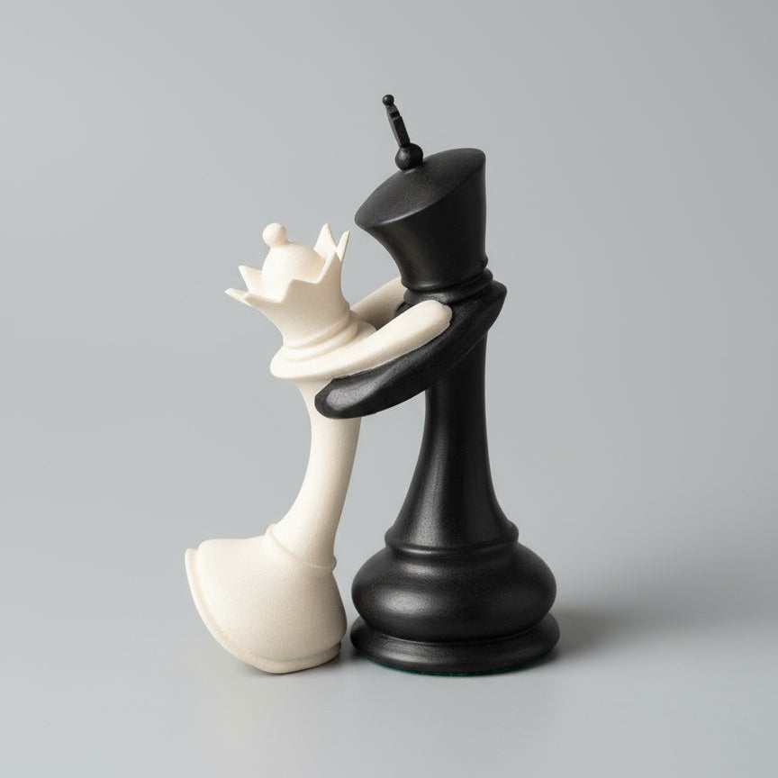 Black and white chess piece figures against a blurred background