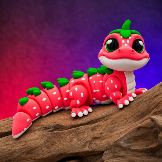 Strawberry Gecko 3D Printed Articulated Fidget Toy, Cute Flexi Gecko, Strawberry Desk Buddy